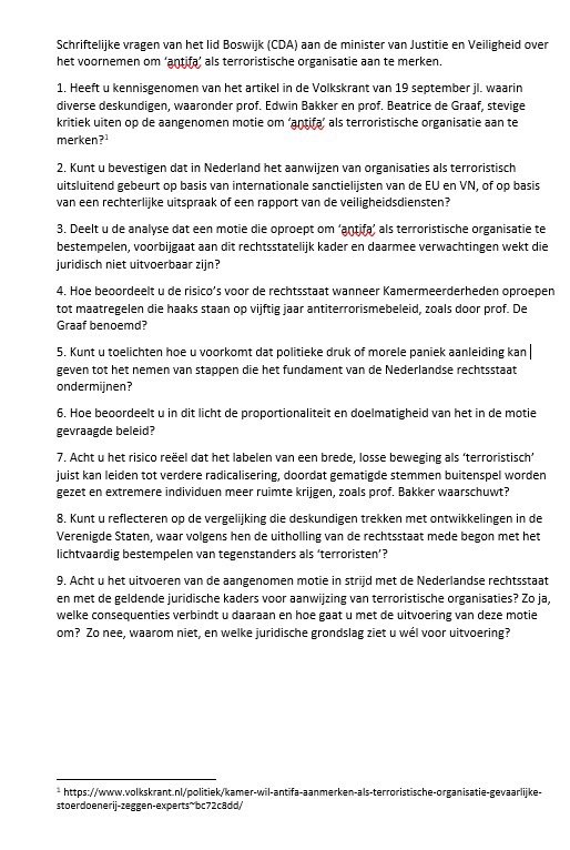 Schriftelijke vragen ingediend over de aangenomen motie om ‘antifa’ te bestempelen als een terroristische organisatie.