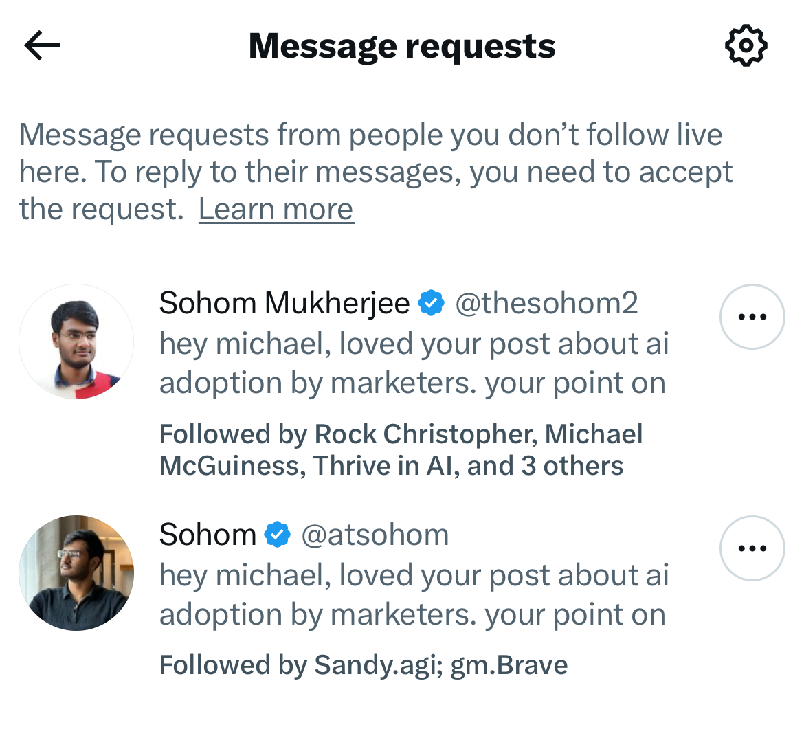Let's talk about fake AI messages.

At least on X you can tell they are fake because they are NOT following you. But it's getting harder to discern real from fake messages.

How are you dealing with this?