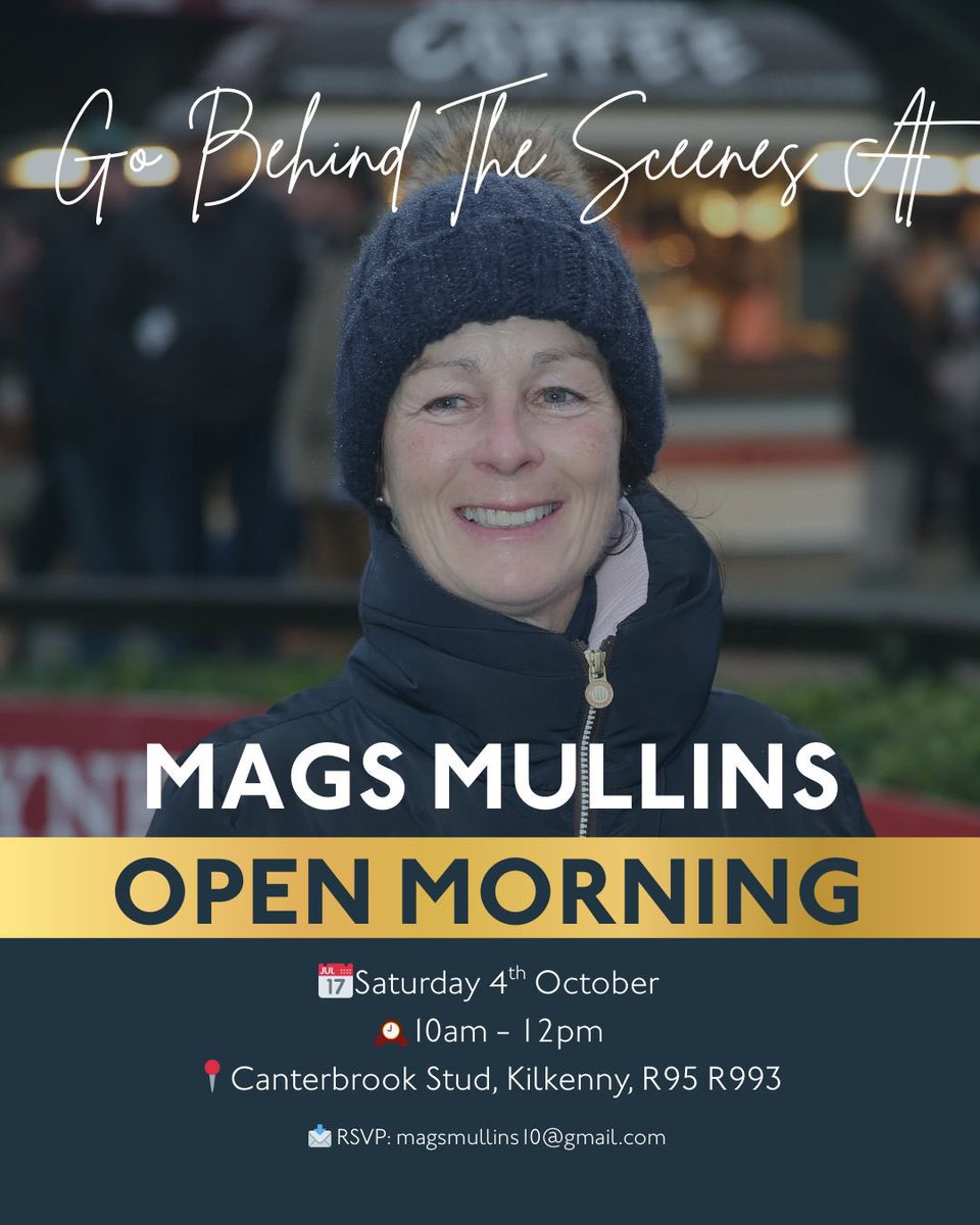 Open Morning at Canterbrook Stud (Sat 4 Oct, 10am–12pm, R95 R993) 🐎
Tour the yard, meet Mags Mullins, learn about ownership &amp; ask anything!
🎟️ Limited tix for <a href="/gowranpark/">Gowran Park Racing</a> that afternoon—first race 1:55pm, only 9km away.
RSVP: magsmullins10@gmail.com / DM