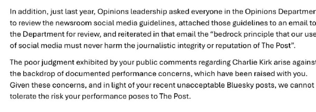 Addressing her firing from the @WashingtonPost, <a href="/KarenAttiah/">Karen Attiah</a> says she was not terminated due to her posts about Charlie Kirk's views on Black women. 

Specifically, the termination letter from WaPo states that her posts "about white men in response to the killing of Charlie Kirk