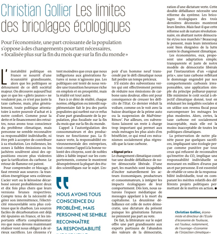 Les limites des bricolages écologiques, dans Le Monde aujourd'hui. La taxe Zucman pourrait-elle financer la transition énergétique?
