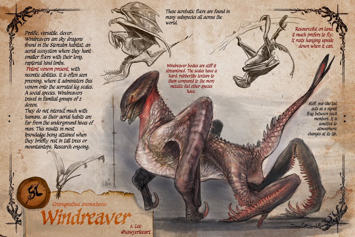 The Windreaver travels in packs, pursuing small schooling fliers with serrated rear limbs evolved to maximize grip space. Wide ranging, they are found in most places by virtue of the Storealm, the bio-rich atmospheric layers that swirl across the world.