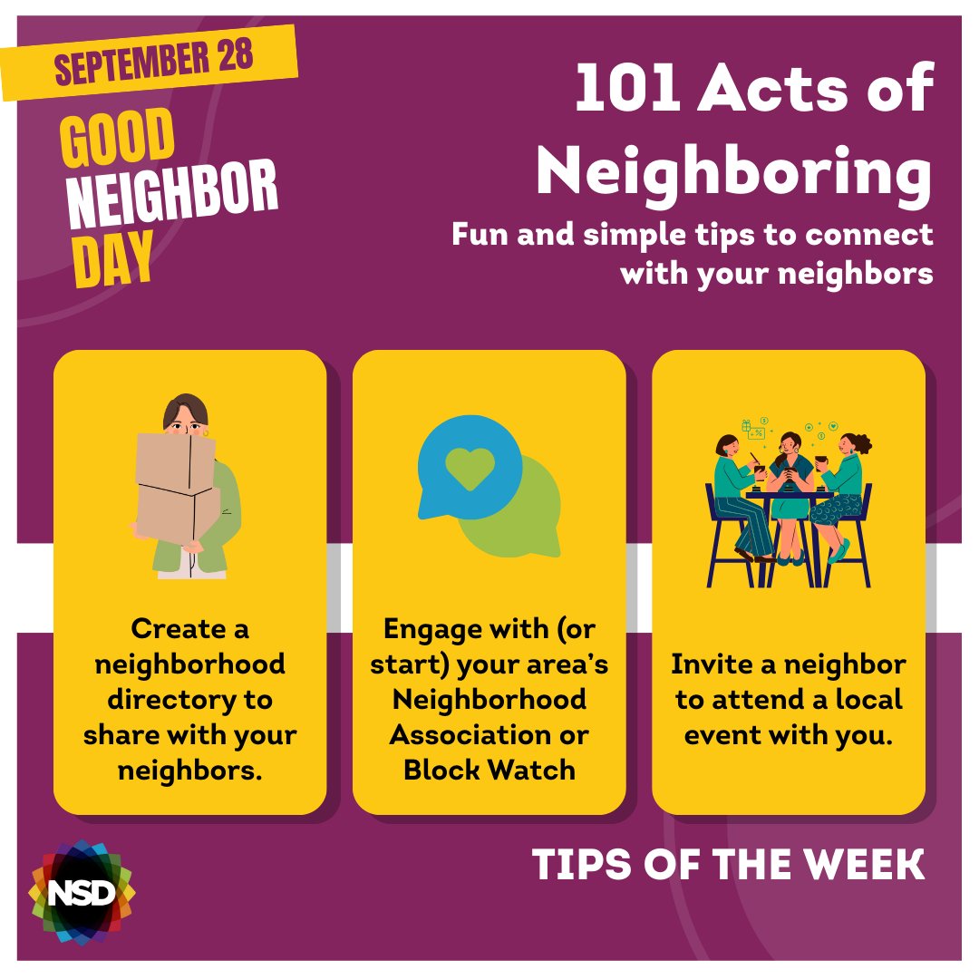Strong neighborhoods start with strong connections, and it's easier than you think to build them! Here are three <a href="/goodneighborday/">National Good Neighbor Day</a> tips you can use to help strengthen your community.

More tips: bit.ly/465aHsk
