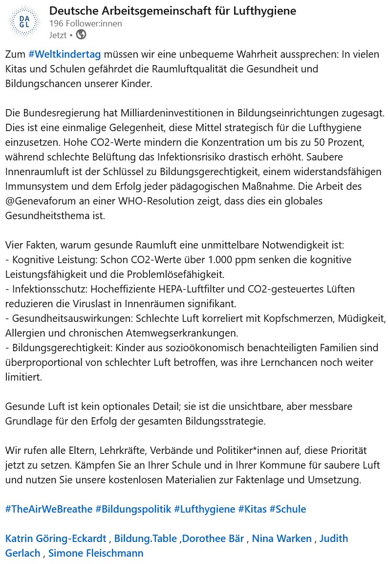 #Weltkindertag

linkedin.com/feed/update/ur…

#TheAirWeBreathe #Bildungspolitik #Lufthygiene #Kitas #Schule
 
<a href="/GoeringEckardt/">Katrin Göring-Eckardt</a> , <a href="/DoroBaer/">Dorothee Bär</a> , <a href="/ninawarken/">Nina Warken</a> , <a href="/PrienKarin/">Karin Prien</a>, <a href="/BllvSimone/">Simone Fleischmann BLLV Praesidentin</a> ,  <a href="/bllv/">BLLV</a>
