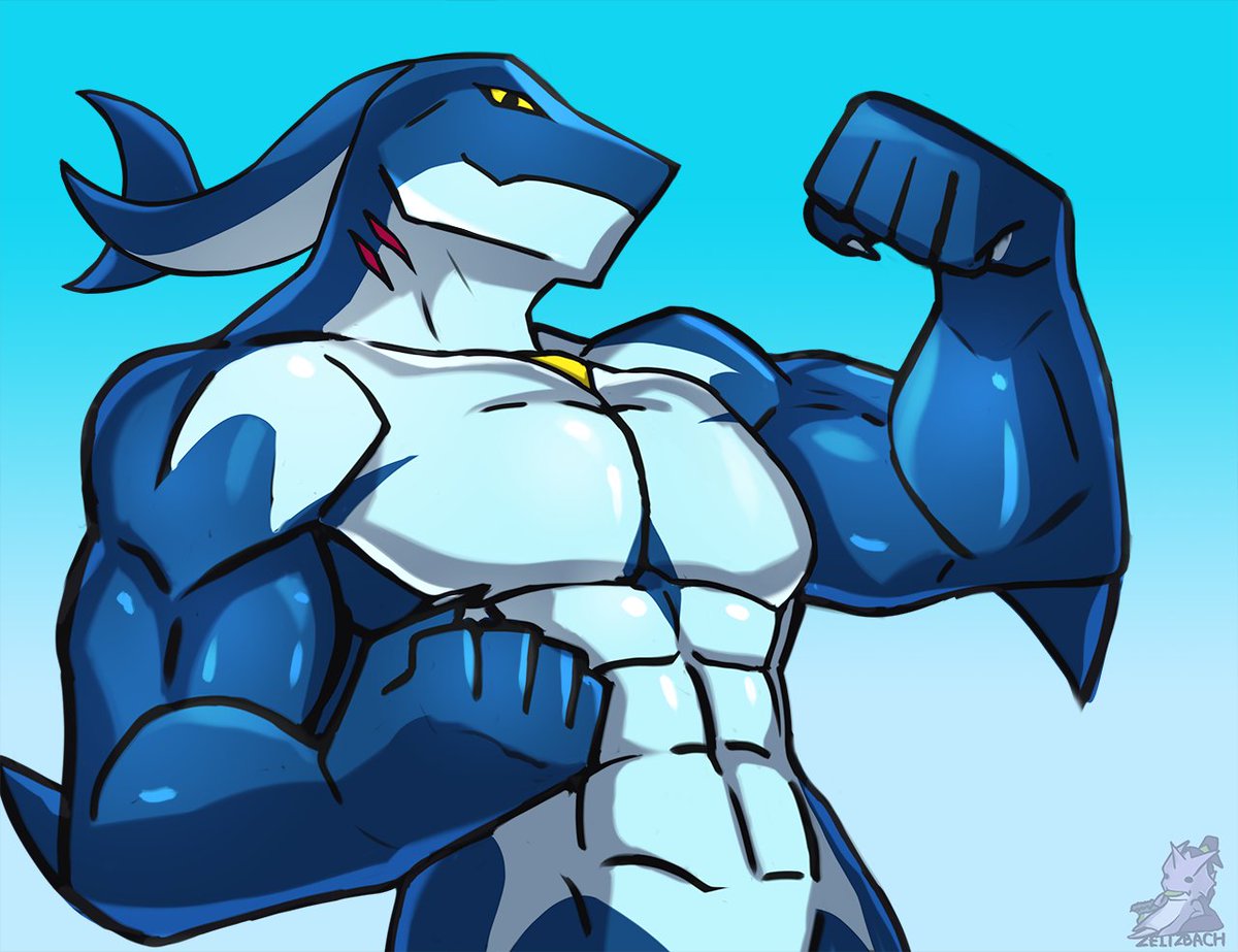 Sketch commission for themail101 of a muscular shark flexing.

something something muscle september.