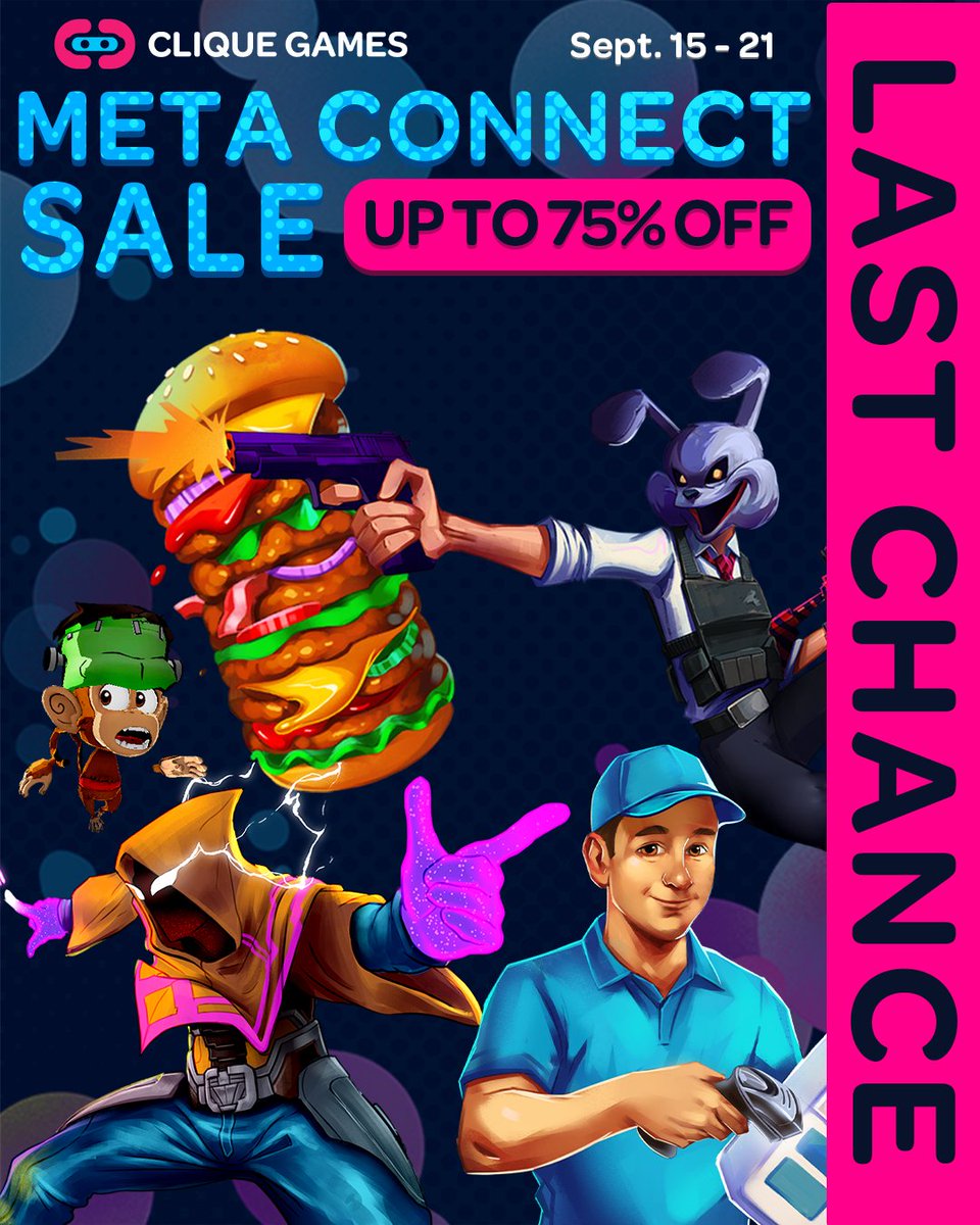 Less than one day left! Get major discounts while you can with the Meta Connect Sale.
#CliqueGames #FrenzyVR #MonkeyDoo #GrillOnWheels #RogueAscent #VR #Oculus