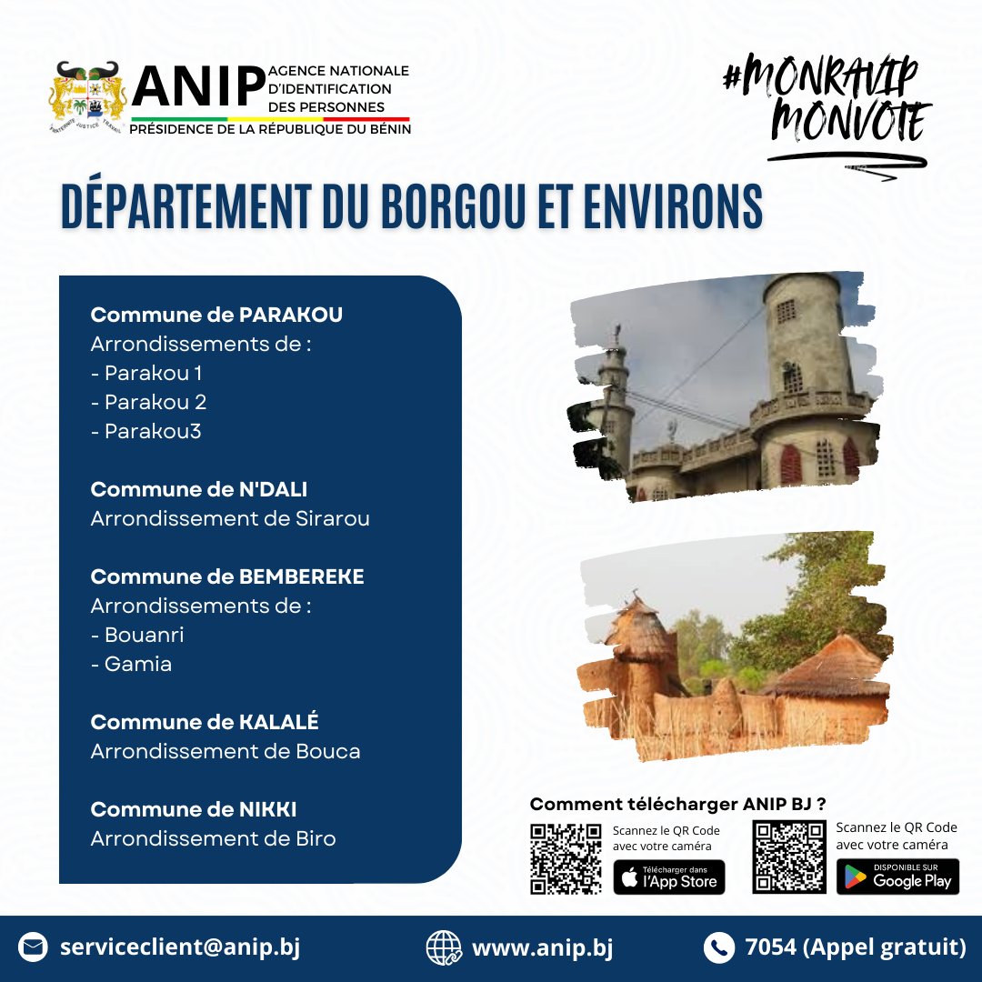 BeninANIP's tweet photo. 📢 Ce week-end, l’ANIP est sur le terrain dans plusieurs arrondissements et communes du Bénin pour vous aider à mettre à jour votre téléphone, photo ou signature. 

Consultez les visuels pour les lieux! 📲 

#ANIP #MonRavipMonVote https://t.co/yqAjVR36F0