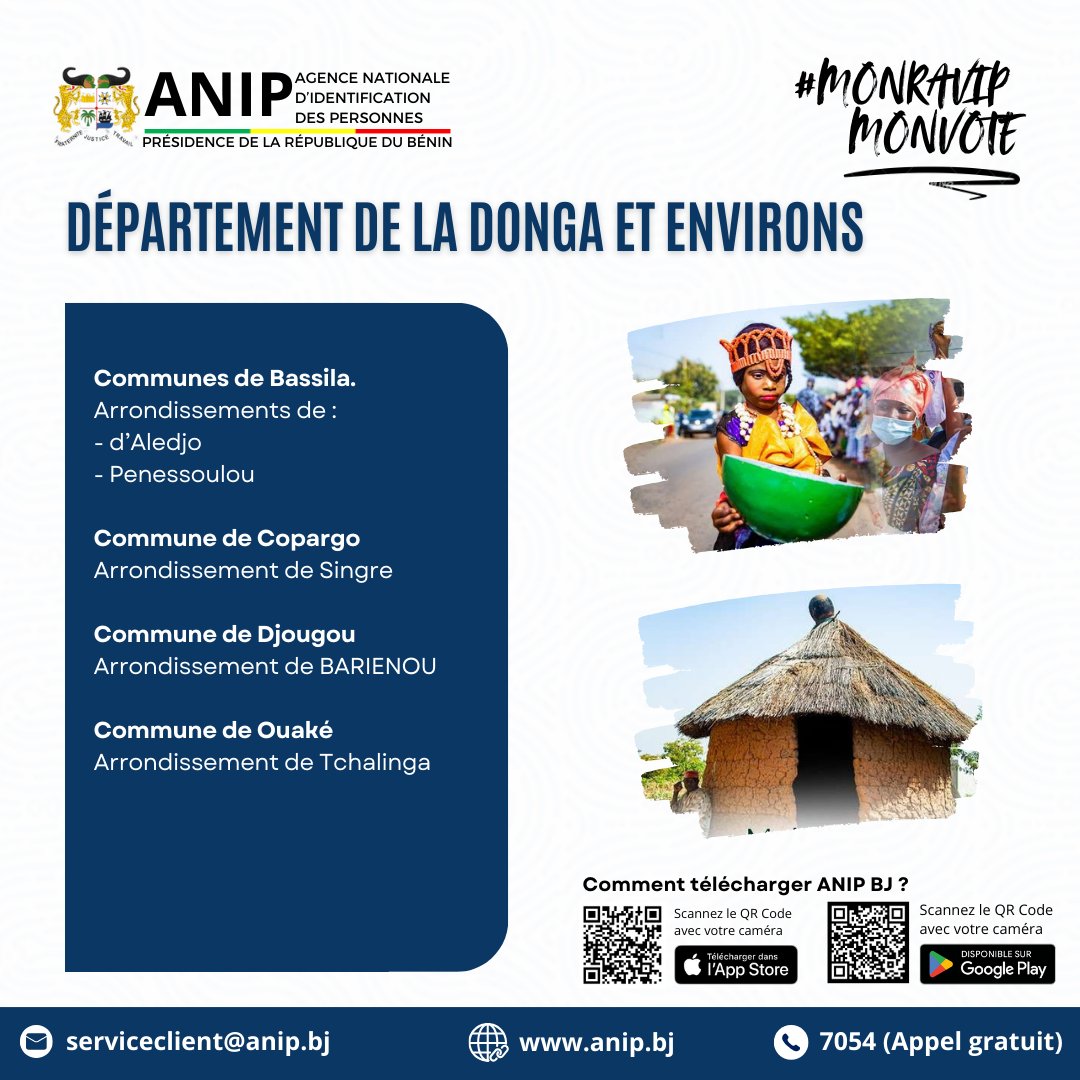 BeninANIP's tweet photo. 📢 Ce week-end, l’ANIP est sur le terrain dans plusieurs arrondissements et communes du Bénin pour vous aider à mettre à jour votre téléphone, photo ou signature. 

Consultez les visuels pour les lieux! 📲 

#ANIP #MonRavipMonVote https://t.co/yqAjVR36F0