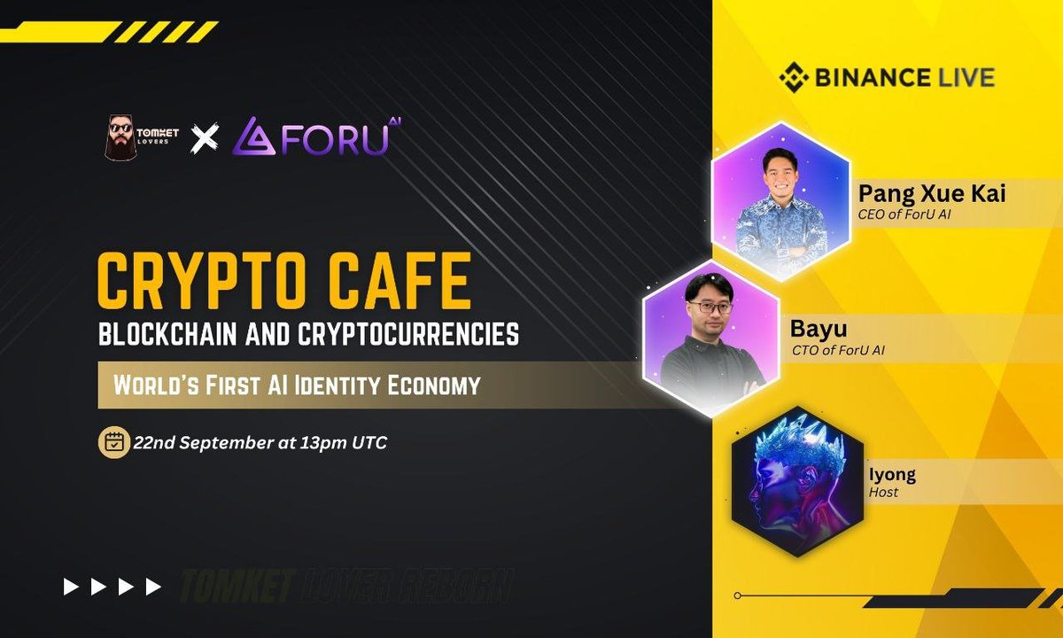 TomketLovers's tweet image. Introducing the Crypto Cafe on BINANCE LIVE with ForU AI !

Mark your calendars for:
📅 Date: 22 September 2025
⌚️ Time: 13:00 UTC

Join us by following these rules:
🔗 t.me/tomketloversre…