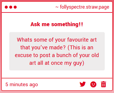 follyspectre2's tweet photo. Not a bad suggestion so sure why not-
Here's a few of my finest works! :>

#digitalart https://t.co/IcQGWW2AJh