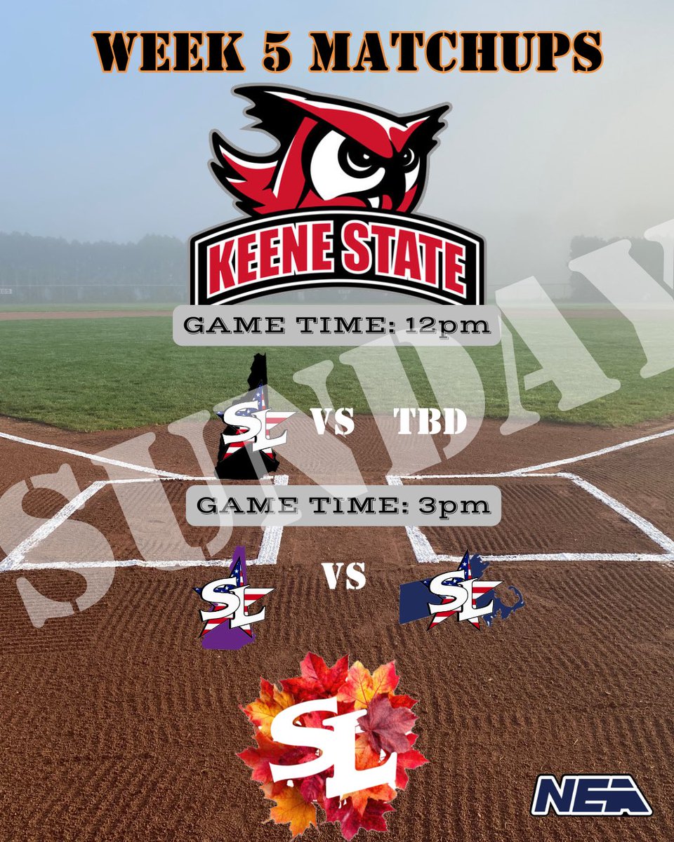 Breaking news!! 

We will be moving next weeks game to Sunday 9/28 at longtime SL host <a href="/KSCBaseball/">Keene State Baseball</a>! 

We hope the <a href="/TheBABoys/">Bridgton Baseball</a> have a great week off for homecoming! <a href="/NHTeamBlack/">NHTeamBlack™</a> <a href="/nhteampurple/">NH Team Purple</a> and <a href="/MATeamNavy/">SL Mass Team Navy</a> head to the foliage!