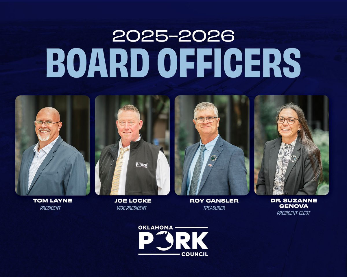 We’re excited to welcome our newly elected Oklahoma Pork Council board officers who will help lead us in the coming year!

🌟 Tom Layne - President
🌟 Joe Locke - Vice President
🌟 Roy Cansler - Treasurer
🌟 Dr. Suzanne Genova - President-Elect