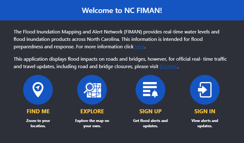 NCEmergency's tweet photo. Stay safe and informed during flood events! North Carolina's Flood Inundation Mapping and Alert Network (FIMAN) provides real-time flood data and alerts to help you make smart decisions. Learn more and sign up for alerts at https://t.co/27YownooTc. #FIMAN #NCFlood #SafetyFirst https://t.co/VgDVbMymFS