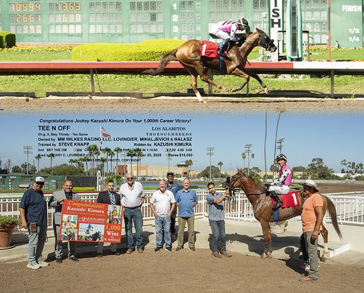 Images of Kazushi Kimura winning his 1,000th race in North America. Congratulations on this milestone win for the young rider. Courtesy of Benoit photos.