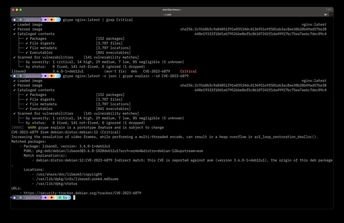 GrypeProject's tweet image. Hey, did you know grype has an &quot;explain&quot; option, that... &quot;explains&quot; vulnerabilities.
There&apos;s even a blog about it: anchore.com/blog/introduci… 
#security #vulnerability