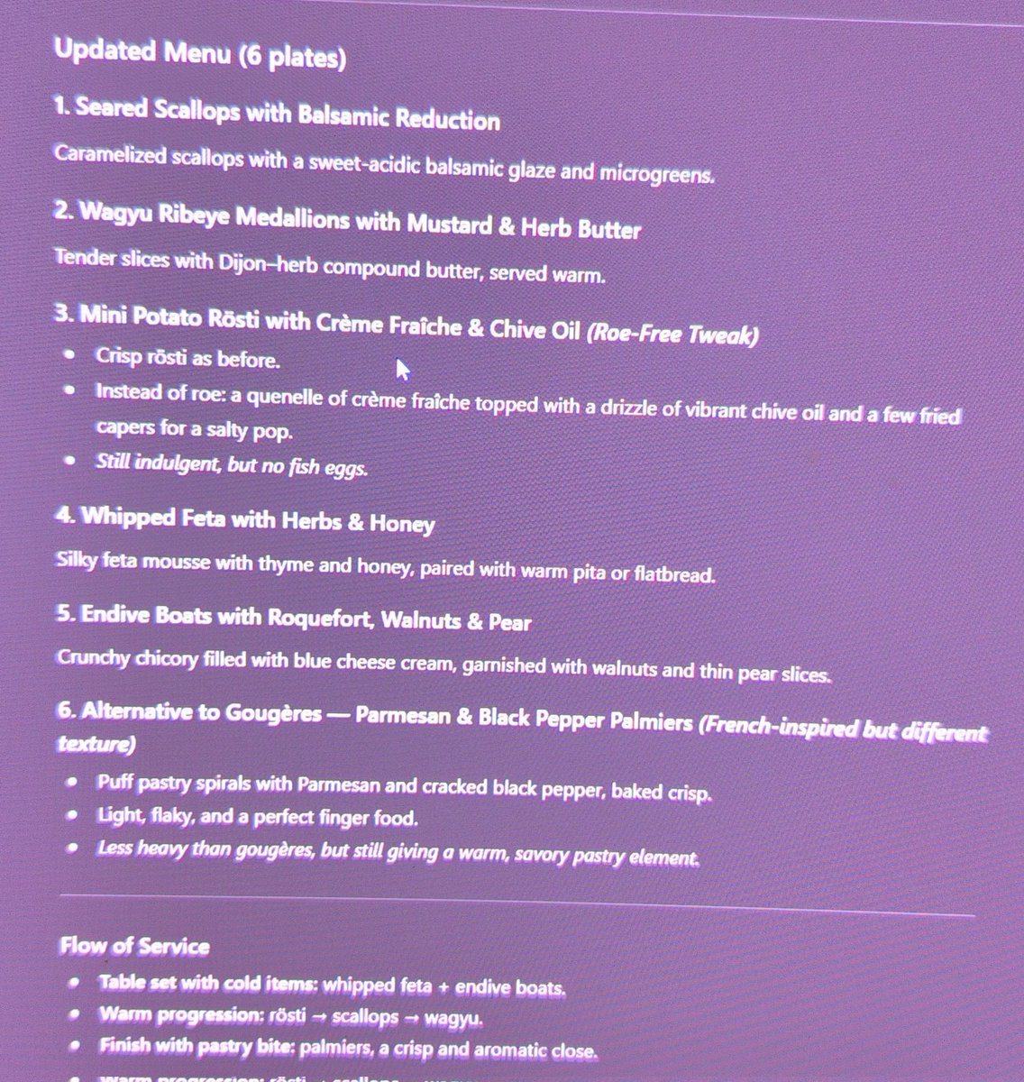 Been chatting with GPT-5 on important shit (like dinner party menus).

Who wants to come if this is what's being served?