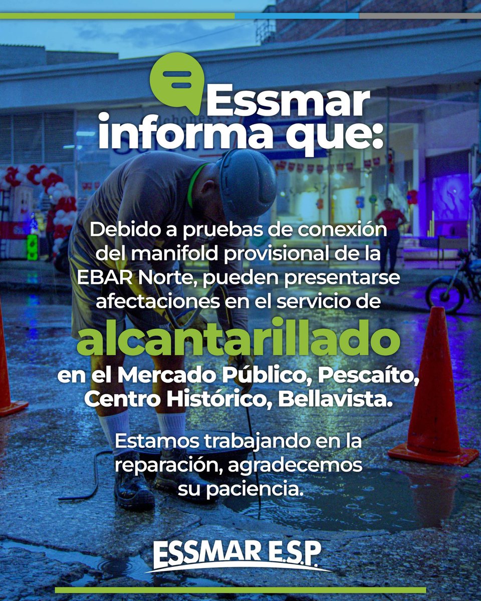 essmar_esp's tweet photo. #EssmarInforma Debido a las pruebas de conexión del manifold provisional de la EBAR Norte, pueden presentarse afectaciones en el servicio de alcantarillado en algunos sectores de la ciudad. Nuestro equipo se encuentra trabajando para dejar operativa esta infraestructura y en óptimas condiciones.
Agradecemos la comprensión y paciencia de la comunidad mientras avanzamos en estas labores.