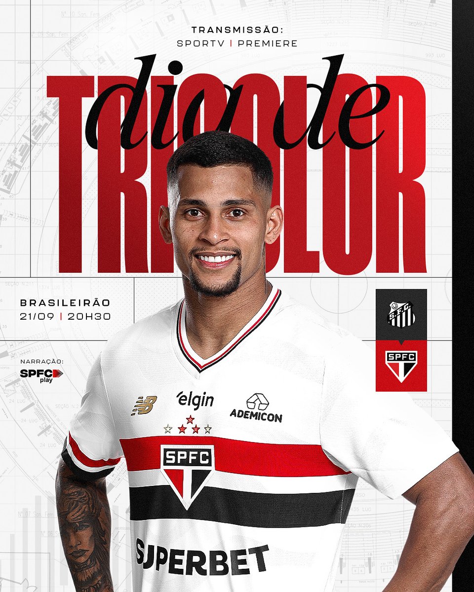 Hoje é dia de clássico pelo Brasileirão! 

⚽️ Santos x São Paulo 
🏟️ Vila Belmiro 
📍 Santos-SP
⏰ 20h30 
🏆 Brasileirão (24ª rodada)

📺 Sportv e Premiere
🎙️ SPFC Play

#DiaDeTricolor
#VamosSãoPaulo 🇾🇪