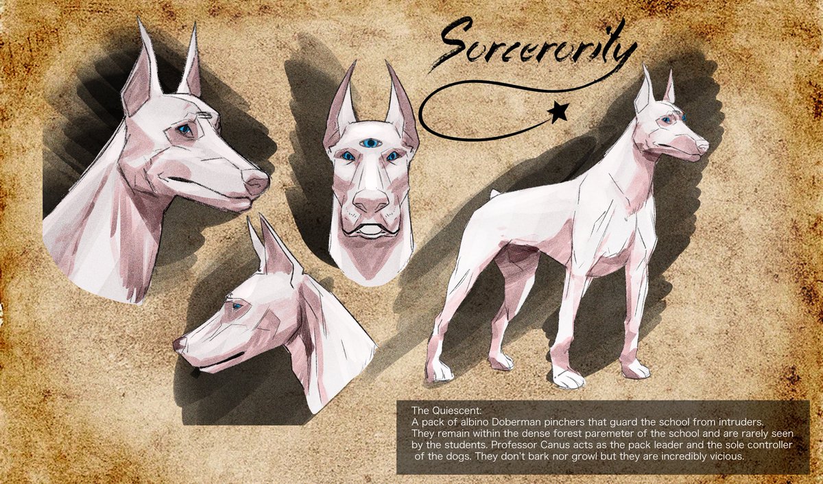 As the release of volume one approaches, we wanted to share some of the lore behind the world of Sorcerority. Starting with the Quiescent. The Schools canine protectors. 

These albino beasts do not bark or growl, thus given the name the Quiescent.