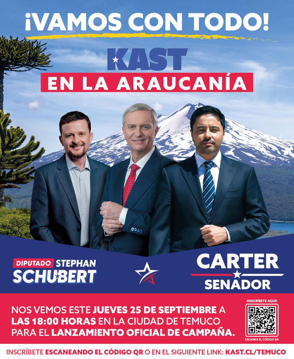 ATENCIÓN ARAUCANÍA. #Kast evento masivo en La Araucanía. 
- Miérc 24 de Sept. pm Aeropuerto de Temuco
- Jueves 25 de Sept. 18 hrs en Temuco
