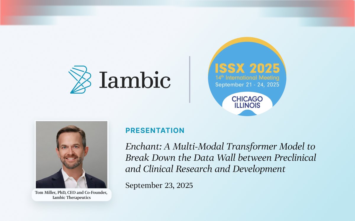 @ #ISSX2025: Iambic CEO Tom Miller joins the AI/ML symposium to share Enchant, which predicts clinical drug properties from early discovery data—speeding decisions, streamlining our pipeline &amp; improving success odds. Learn more:  issx2025.org/issx/sept23 #machinelearning #techbio