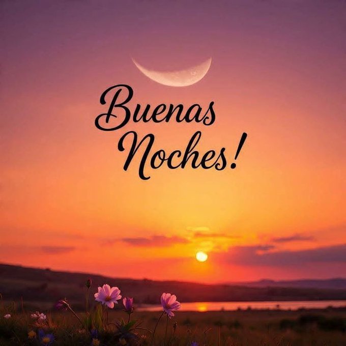 A sunset over a landscape with a crescent moon in the sky. Pink flowers are visible in the foreground, and the horizon shows a body of water reflecting the orange and purple hues of the sunset.