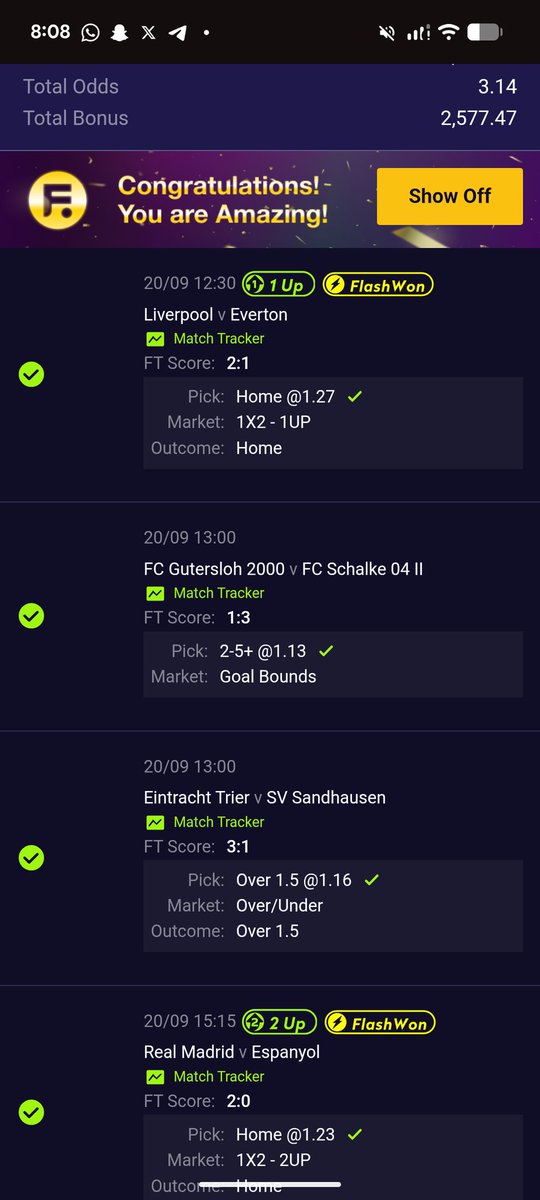 BOOOOOOOOOOOOOMMMMMMMMM✅✅✅✅✅✅✅✅✅

3 Odds Rollover Day 3 in the Bag!!!!!💰💰

Day 1✅
Day 2✅✅
Day 3✅✅✅
Day 4 - tomorrow 🤞🏽

That’s SEVEN(7) straight wins on our 3-odds rollover!🤯

Let's make it 8 tomorrow! Tag your friends who need to get in on the action👇🏽