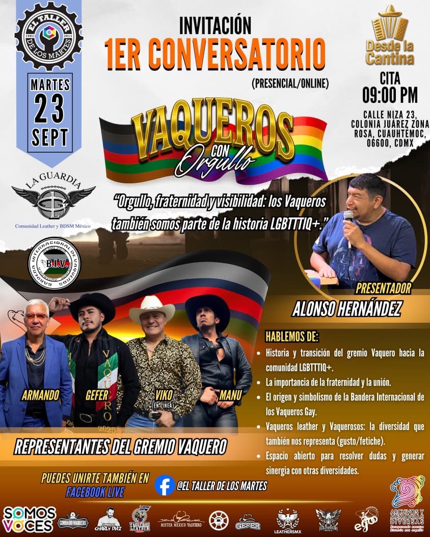 MiguelAlonsoHe8's tweet photo. Este martes a las 21h en #ElTallerDeLosMartes de @ArchivosY tendremos un conversatorio con “Vaqueros con Orgullo”: #GEFER, #MANU, #ArmandoCristeto y #VIKO desde @SomosVocesMX -Niza 23A, Zona Rosa- https://t.co/8sS5d9FMqi