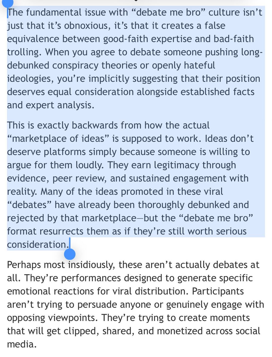 PastorTrey05's tweet photo. “The fundamental issue with ‘debate me bro’ culture isn’t just that it’s obnoxious, it’s that it creates a false equivalence between good-faith expertise and bad-faith trolling.” https://t.co/qebafAEd4G