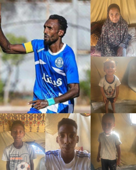 Suleiman Al Obaid wearing a blue soccer jersey with Arabic text and a yellow armband, raising his arm. A young girl in a floral hijab sitting on a bed. A toddler in a cartoon shirt standing. A boy in a gray shirt with decorative background. A young man in a white Adidas shirt. A child in a white shirt standing in sunlight.