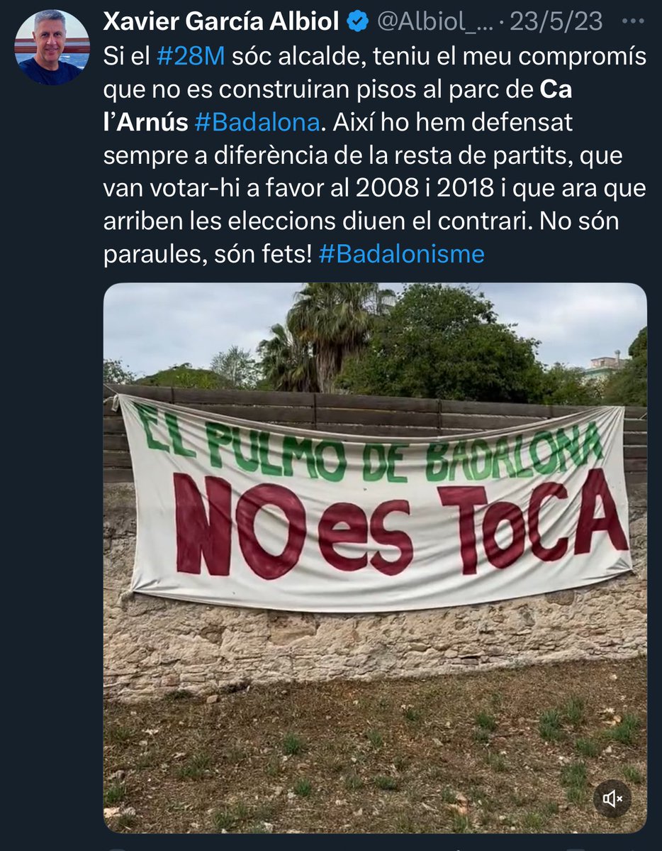Eva Ibis (@evabdn) on Twitter photo <a href="/Defensacalarnus/">Defensemcalarnus</a> <a href="/tusgsal_oficial/">TUSGSAL</a> <a href="/AjBadalona/">Ajuntament de Badalona</a> <a href="/bdncom/">Badalona Comunicació</a> <a href="/BadalonaTres60/">BDN360º</a> <a href="/IndependentBDN/">L'Independent de Badalona</a> <a href="/DiarideBadalona/">Diari de Badalona</a> <a href="/Albiol_XG/">Xavier García Albiol</a> <a href="/GuanyemBDN/">Guanyem Badalona</a> <a href="/ERCbadalona/">Esquerra Badalona</a> <a href="/PSC_Badalona/">PSC Badalona</a> <a href="/JuntsBadalona/">Junts Badalona 🎗</a> <a href="/cultura_cat/">Cultura</a> <a href="/Albiol_XG/">Xavier García Albiol</a> manipulador i mentider, compleix amb la teva paraula, ni que sigui per una vegada, i fes-ho realitat.
Donde digo digo Diego, a l’oposició amb els veïns i al govern amb els poderosos.
I si has de destruir un parc tant se’t fot, mentider.
Ca l’Arnus no es toca! <a href="/Defensacalarnus/">Defensemcalarnus</a> <a href="/tusgsal_oficial/">TUSGSAL</a> <a href="/AjBadalona/">Ajuntament de Badalona</a> <a href="/bdncom/">Badalona Comunicació</a> <a href="/BadalonaTres60/">BDN360º</a> <a href="/IndependentBDN/">L'Independent de Badalona</a> <a href="/DiarideBadalona/">Diari de Badalona</a> <a href="/Albiol_XG/">Xavier García Albiol</a> <a href="/GuanyemBDN/">Guanyem Badalona</a> <a href="/ERCbadalona/">Esquerra Badalona</a> <a href="/PSC_Badalona/">PSC Badalona</a> <a href="/JuntsBadalona/">Junts Badalona 🎗</a> <a href="/cultura_cat/">Cultura</a> <a href="/Albiol_XG/">Xavier García Albiol</a> manipulador i mentider, compleix amb la teva paraula, ni que sigui per una vegada, i fes-ho realitat.
Donde digo digo Diego, a l’oposició amb els veïns i al govern amb els poderosos.
I si has de destruir un parc tant se’t fot, mentider.
Ca l’Arnus no es toca!