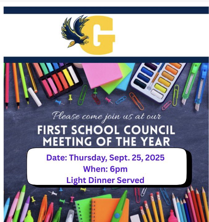 📢 Join us for our first School Council meetingon Thursday, Sept 25 at 6 PM!
🍴 A light dinner will be served.
🗳️ Elections will take place—nomination forms are due by Sept 24 (see your email for details).