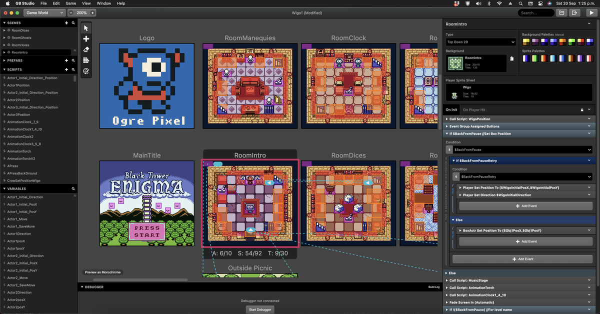 OgrePixel's tweet photo. Few people have asked us about what it's like to work on a #GameBoy game... 

Here is a screenshot of the current #BlackTowerEnigma project on #gbstudio 

Remember, we are LIVE on Kickstarter! 🔥

#screenshotsaturday #indiedev https://t.co/i0XYiWaLs4