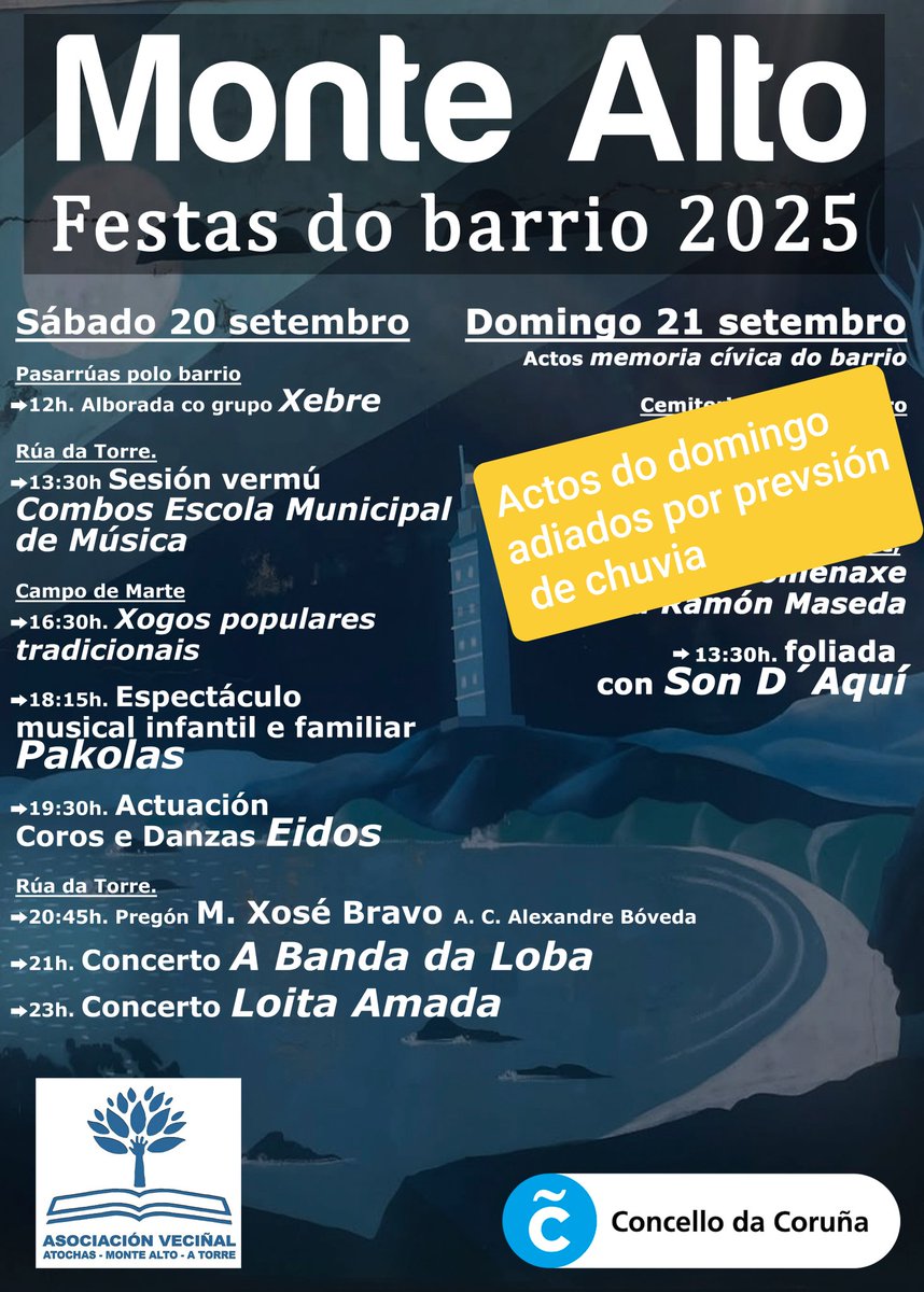 Paerece que mañá pola mañá chovera todo o tempo, asi que temos que adiar os actos do domingo. Comunicaremos nova data
