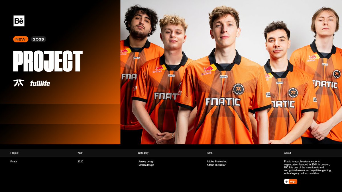 Re-uploaded: the official Fnatic x Fulllife jersey design on <a href="/Behance/">Behance</a> 
---
Showcasing only the final product in collaboration with @/Fulllife_fr  &amp; @/FNATIC. 
...
Check out the full project here: behance.net/gallery/235033…
---
All official photos &amp; videos © Fnatic / Fulllife. Used
