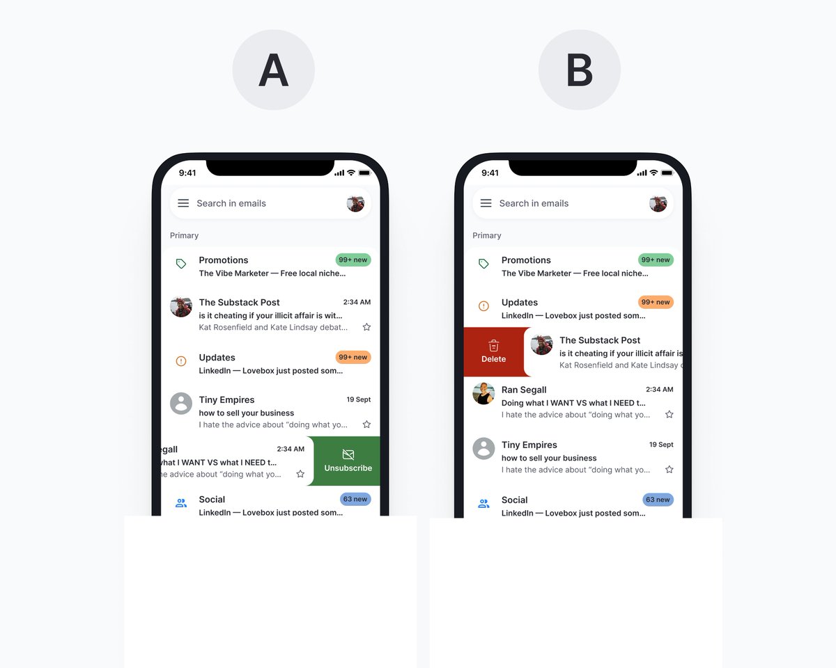 Hey_biyi's tweet photo. Day 2 of my 30-Day UX Fixes Challenge

Our inboxes are cluttered with:
❌ Promotions we didn’t ask for
❌ Spammy newsletters
❌ Extra clicks to unsubscribe

Here’s a quick fix 👇
✅ Swipe to delete or unsubscribe instantly
✅ Less friction, more control
@Tegadesigns  @adriankuleszo https://t.co/JUquPlI5HR