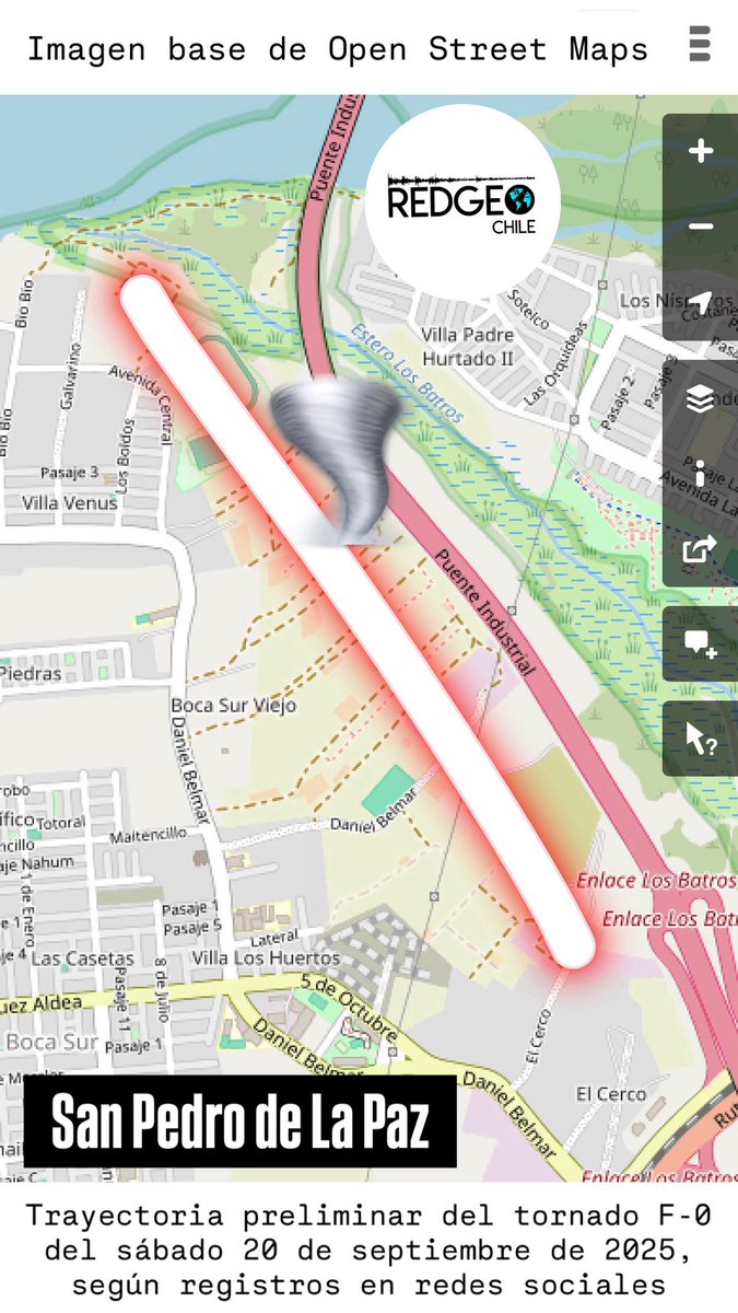 🗺️ Mapa preliminar con la probable trayectoria del tornado F-0 🌪️ de San Pedro de La Paz del sábado 20 de septiembre de 2025, construido en base a los reportes de daños en redes sociales.

Sobre la base de mapa de calles de Open Street Maps.