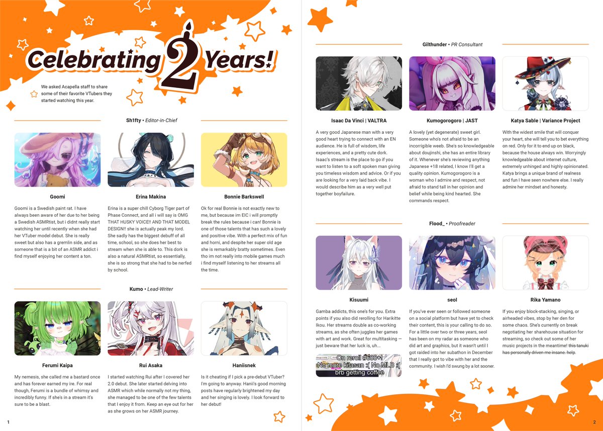 AcapellaEN's tweet image. 【✨Celebrating 2 years! with Acapella staff✨】

We asked our staff to share some of their favourite VTubers they started watching this year, this was the results.

Thank you for 2 years of VTuber coverage!🧡

#vtuber . #envtuber . #virtualyoutuber