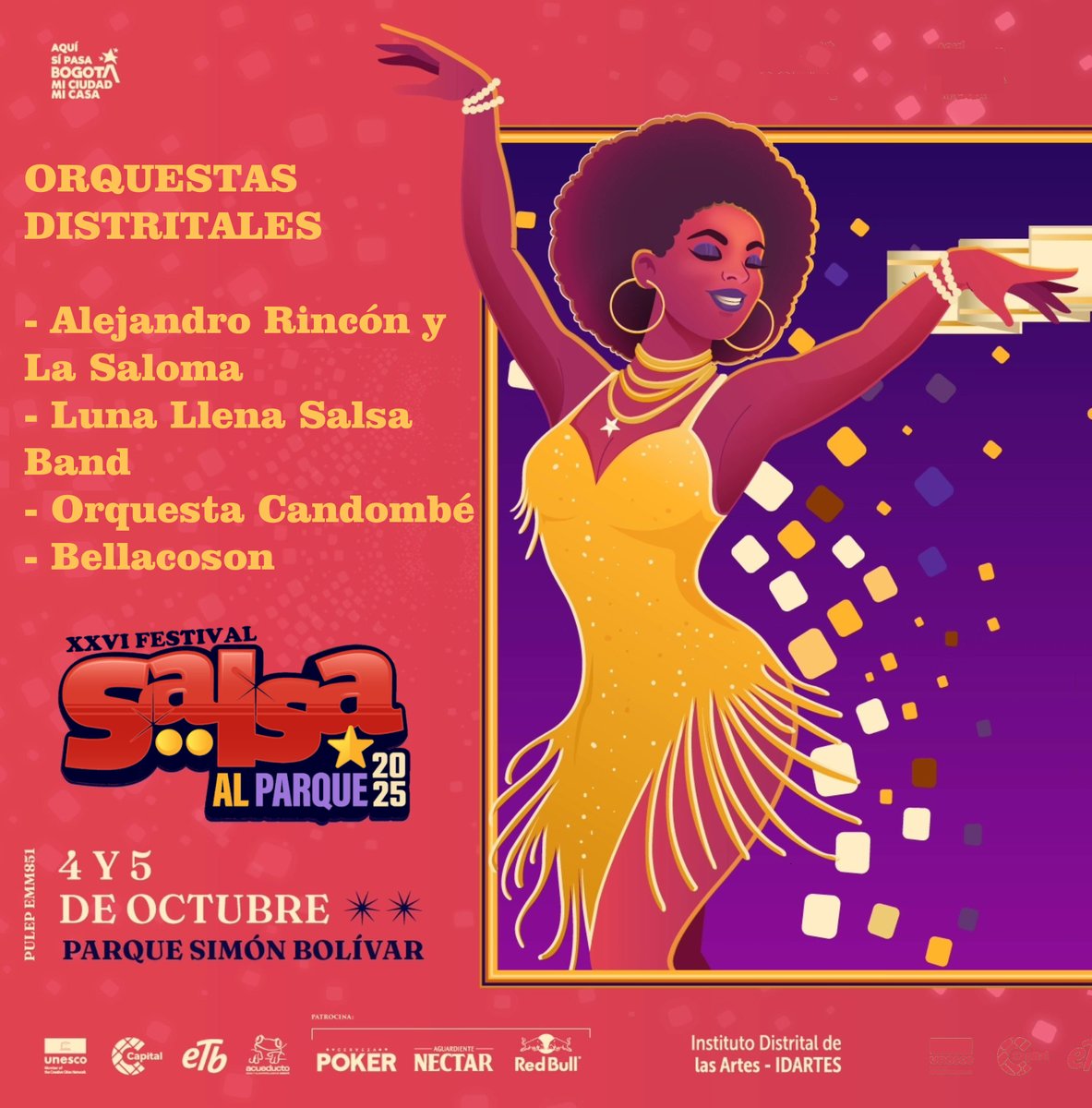 #salsaalparque2025 Orquestas Distritales
<a href="/ARyLaSaloma/">Alejandro Rincón</a> , <a href="/lunallenasalsa/">Luna Llena Salsa Band</a> , Orquesta Candombé y BellacoSon