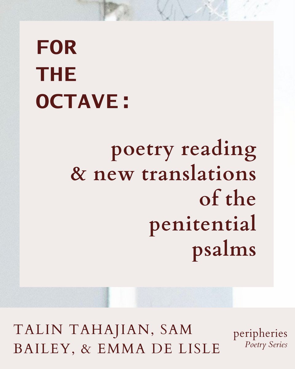 _peripheries's tweet image. Join us for an evening of poetry in the historic Divinity Chapel (aka the "Emerson Chapel"). Featuring new translations of the 7 penitential psalms by Talin Tahajian (@talinout), Sam Bailey, &amp;amp; Emma De Lisle. 

Wednesday, 9/24, 5:30-7PM
Divinity Hall, 14 Divinity Ave, Cambridge