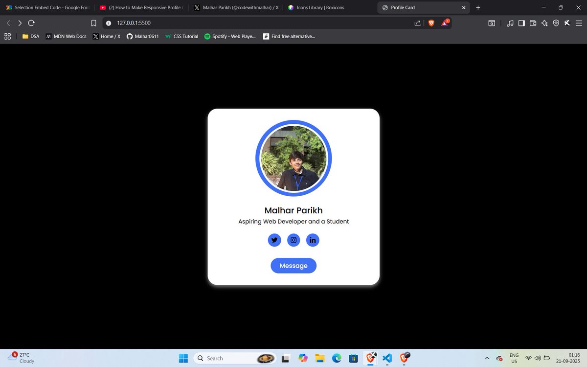 codewithmalhar's tweet image. Practice Project:
Created a very simple profile card using html and css.
Check out here:
profilecard-malhar.netlify.app
Thank you @rohit_negi9 and @adityatandon02
#LearnInPublic #coderarmy #WebDevelopment