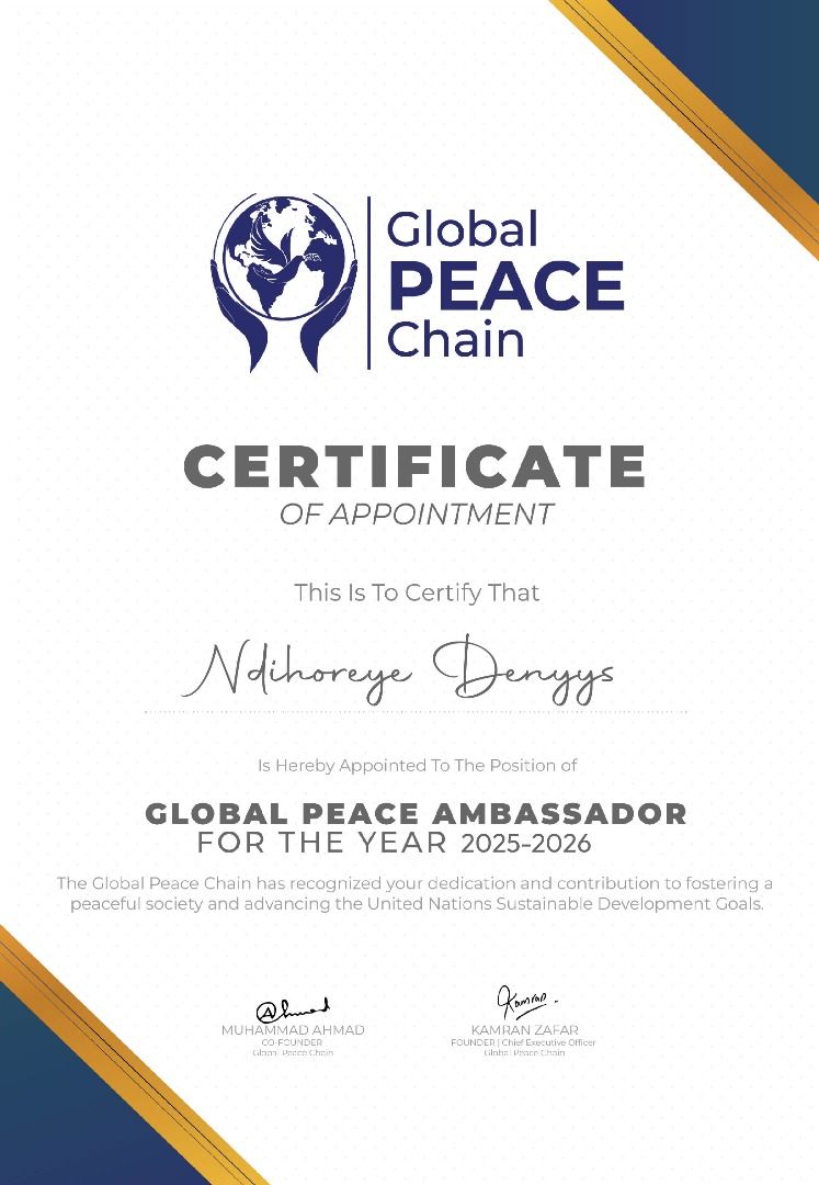 Chairperson of ADR Club UR-Huye Campus appointed as Global Peace Chain Ambassador 2025-2026 🌍✌️.
A recognition of dedication, commitment to peace, and driving positive change in society 🇷🇼.

#GlobalPeaceChain #PeaceAmbassador #YouthLeadership #PositiveChange #Rwanda