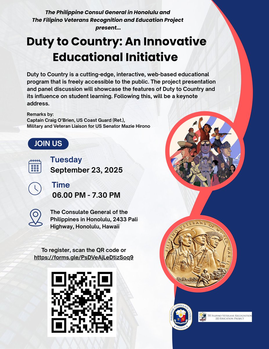 DutyToCountryEd's tweet photo. #Event: @PHinHonolulu and the @FilVetsREP will hold "Duty to Country: An Innovative Educational Initiative" event on Tuesday, 23 September from 6:00 - 7:30 p.m.
Register here: https://t.co/ufD0HbrG7F https://t.co/NZKKTXO6pb