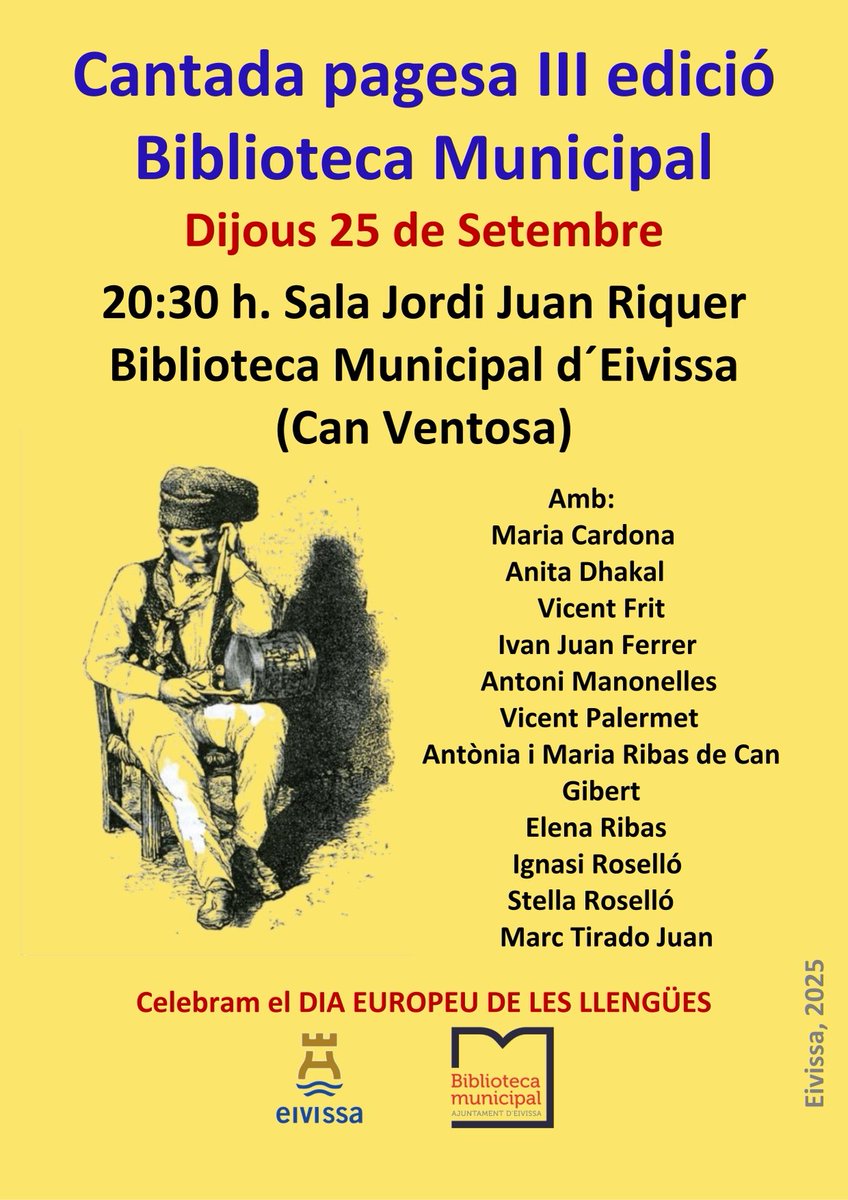BibliotecaMunicipalE (@bibliotecaeivis) on Twitter photo Segona activitat per celebrar el #Diaeuropeudelesllengües Dijous 25 a 20.30 h: cantada pagesa. Amb cantadors de tots els quartons. Us esperam!! <a href="/ajeivissa/">Ajuntament d'Eivissa</a> <a href="/TrigueroIbiza/">TRIGUERO</a> <a href="/CarmenDA_/">Carmen Domínguez</a> <a href="/FannyTurRiera/">Fanny Tur Riera</a> <a href="/eivissacultura1/">Eivissa Cultural</a> <a href="/IEEivissencs/">IEE</a> Segona activitat per celebrar el #Diaeuropeudelesllengües Dijous 25 a 20.30 h: cantada pagesa. Amb cantadors de tots els quartons. Us esperam!! <a href="/ajeivissa/">Ajuntament d'Eivissa</a> <a href="/TrigueroIbiza/">TRIGUERO</a> <a href="/CarmenDA_/">Carmen Domínguez</a> <a href="/FannyTurRiera/">Fanny Tur Riera</a> <a href="/eivissacultura1/">Eivissa Cultural</a> <a href="/IEEivissencs/">IEE</a>
