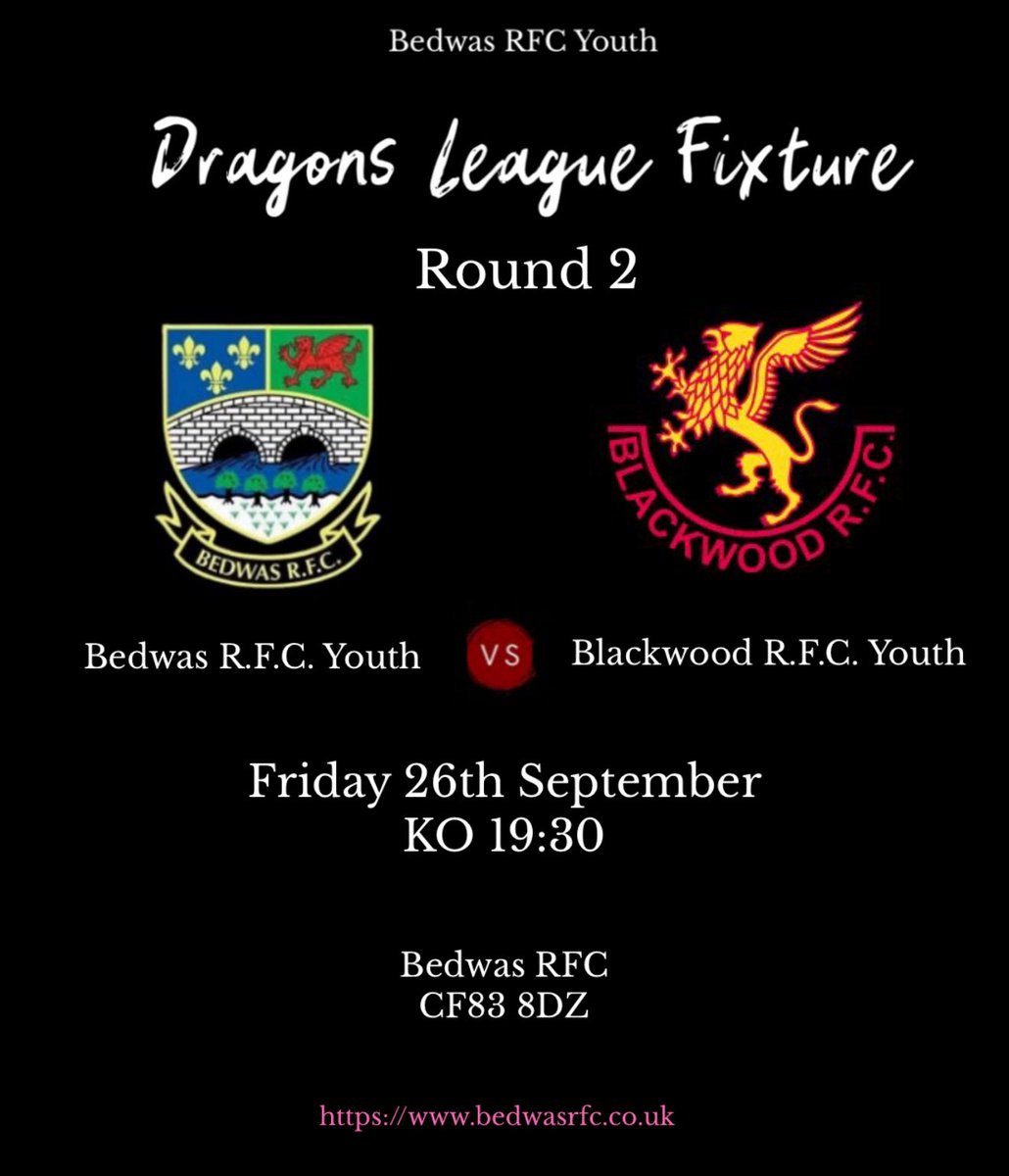 Blackwood back at the Bridgefield. Come and have a fabulous Friday evening as Bedwas R.F.C Youth take on Blackwood RFC Youth. 
Raffles, rugby and a great time if we have a repeat of the last time we met it will be a great game. 
Come along and support those Bedwas Boys. 
#wass