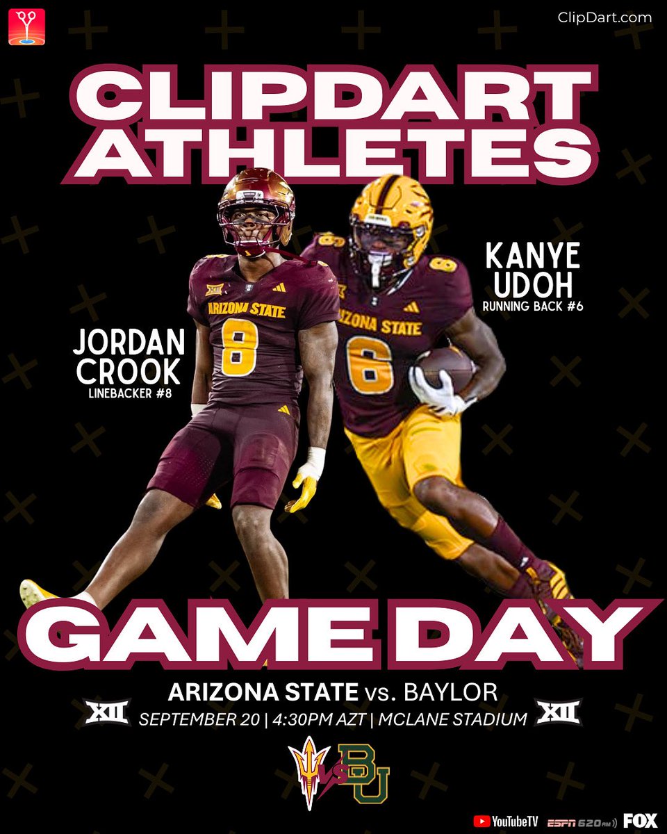 ClipDart (@clipdart) on Twitter photo <a href="/CLIPDART/">ClipDart</a> ATHLETES <a href="/KanyeUdoh6/">Kanye Udoh 🚀</a> & <a href="/jcrook36/">Jordan Crook</a> ARE BACK for their 1ST <a href="/Big12Conference/">Big 12 Conference</a> game 🔱🏈
<a href="/ASUFootball/">Sun Devil Football</a> takes on <a href="/BUFootball/">Baylor Football</a> — watch live on <a href="/CFBONFOX/">FOX College Football</a> & <a href="/YouTube/">YouTube</a> 📺
Learn more about how Jordan & Kanye are helping provide FREE haircuts for <a href="/ASU/">Arizona State University</a> at ClipDart.com/nil ⬅️ <a href="/CLIPDART/">ClipDart</a> ATHLETES <a href="/KanyeUdoh6/">Kanye Udoh 🚀</a> & <a href="/jcrook36/">Jordan Crook</a> ARE BACK for their 1ST <a href="/Big12Conference/">Big 12 Conference</a> game 🔱🏈
<a href="/ASUFootball/">Sun Devil Football</a> takes on <a href="/BUFootball/">Baylor Football</a> — watch live on <a href="/CFBONFOX/">FOX College Football</a> & <a href="/YouTube/">YouTube</a> 📺
Learn more about how Jordan & Kanye are helping provide FREE haircuts for <a href="/ASU/">Arizona State University</a> at ClipDart.com/nil ⬅️