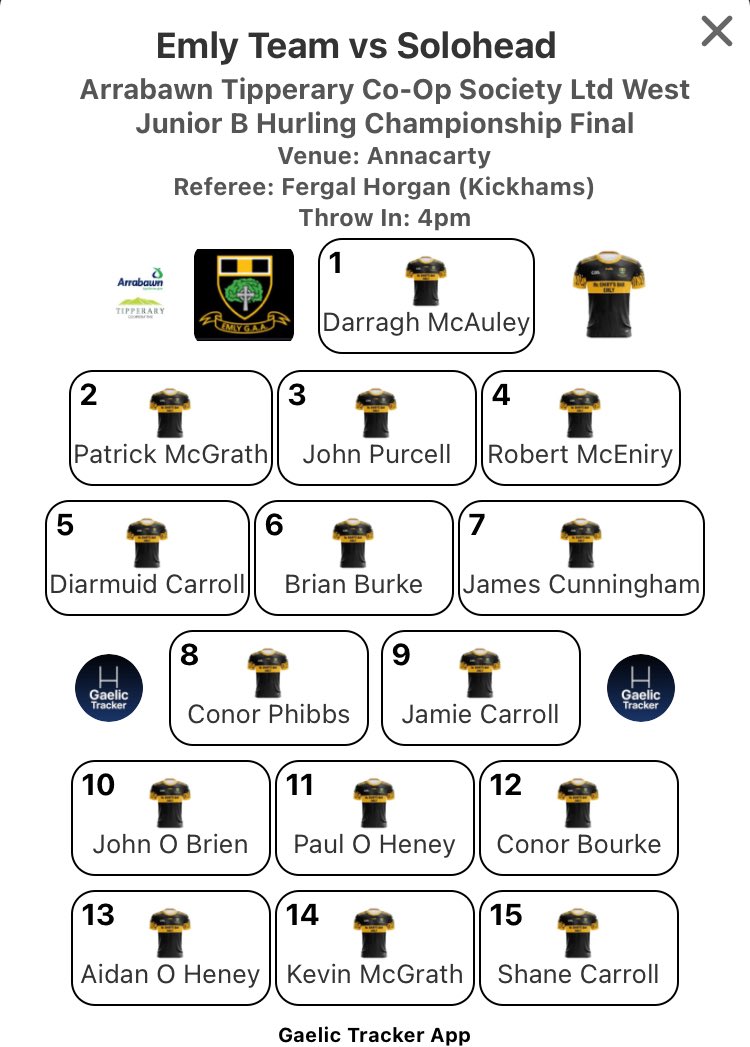 Arrabawn Tipperary Co-Op Society Ltd West Junior B Hurling Championship Final 
Full Time 
Solohead: 3-19(28)
Emly: 1-22(25)
<a href="/PremierviewPod/">The Premier 'View'</a>