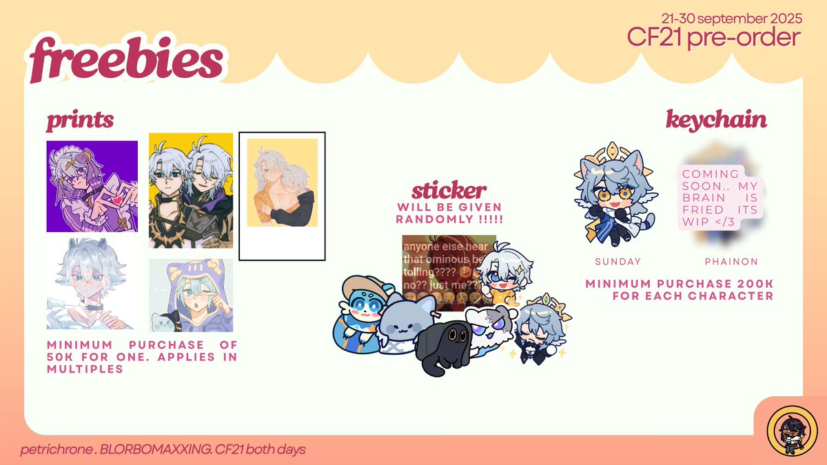 [ RT ❤️ ] #CF21 PRE-ORDER + GA 

📌pick-up ots (both days) &amp; mail order   
🌟honkai star rail (its all phaichan..)
🔗jotform.com/form/252546050… 

#cf21catalog #cf21catalogue 

there's a surprise for the first 5 people who orders :3