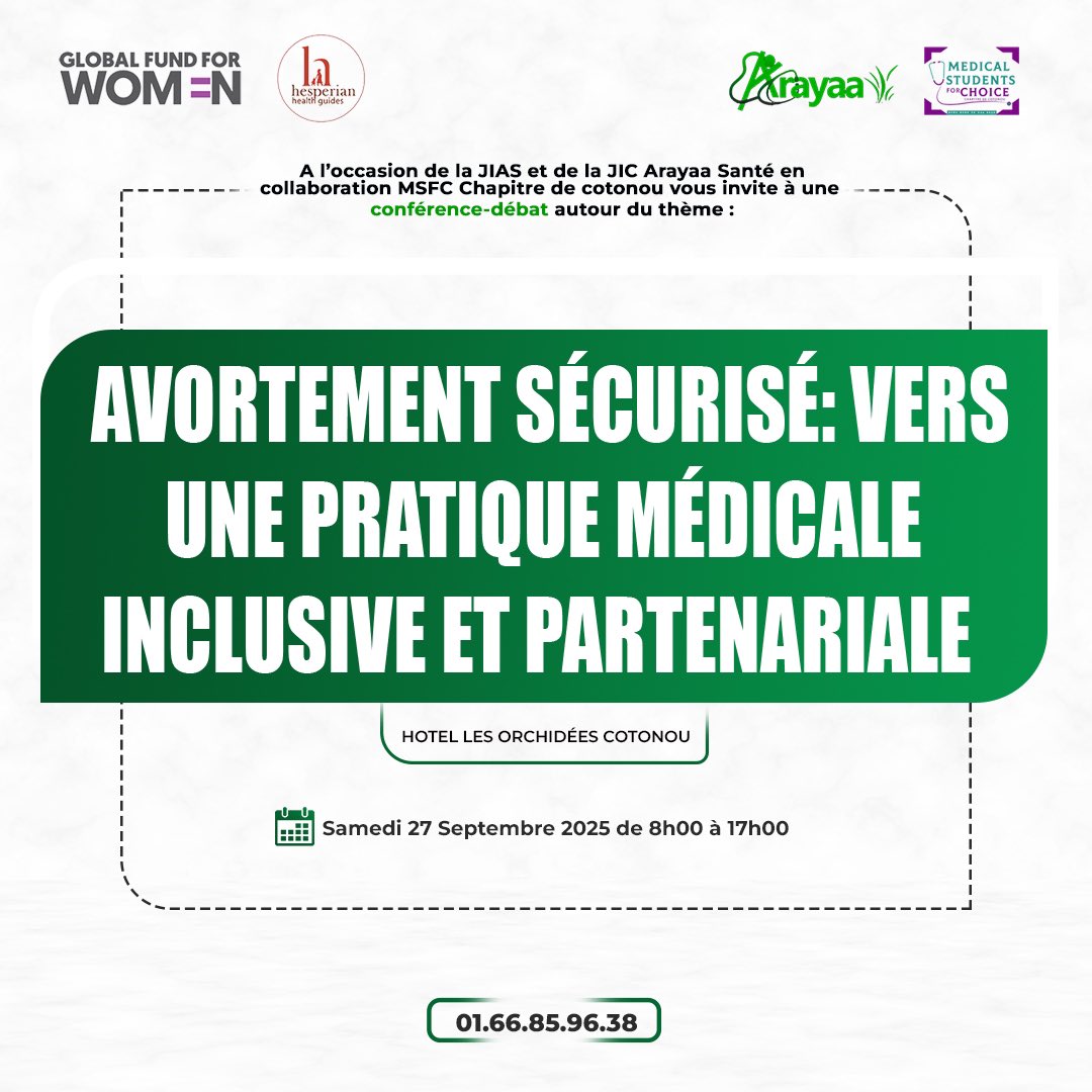 MSFCBENIN's tweet image. 📢 Conférence-débat sur l’avortement sécurisé pour clôturer notre campagne digitale *SOIGNER SANS JUGER*

Rejoignez-nous le samedi 27 septembre 2025 à l’Hôtel Les Orchidées de Cotonou pour des moments d'échanges de qualité

#SOIGNER SANS JUGER 
#MEDECINPASJUGE