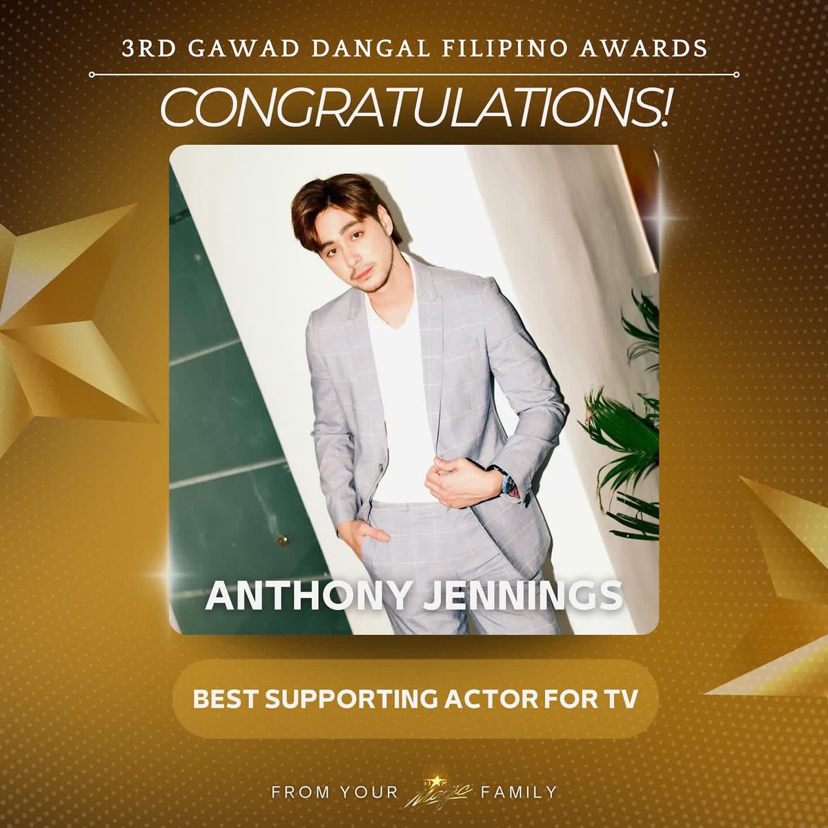 Congratulations, Anthony! 
Best Supporting Actor for TV 🏆✨

#3rdGawadDangalFilipinoAwards 
#StarMagic <a href="/Ajenningss_/">Anthony Jennings</a>